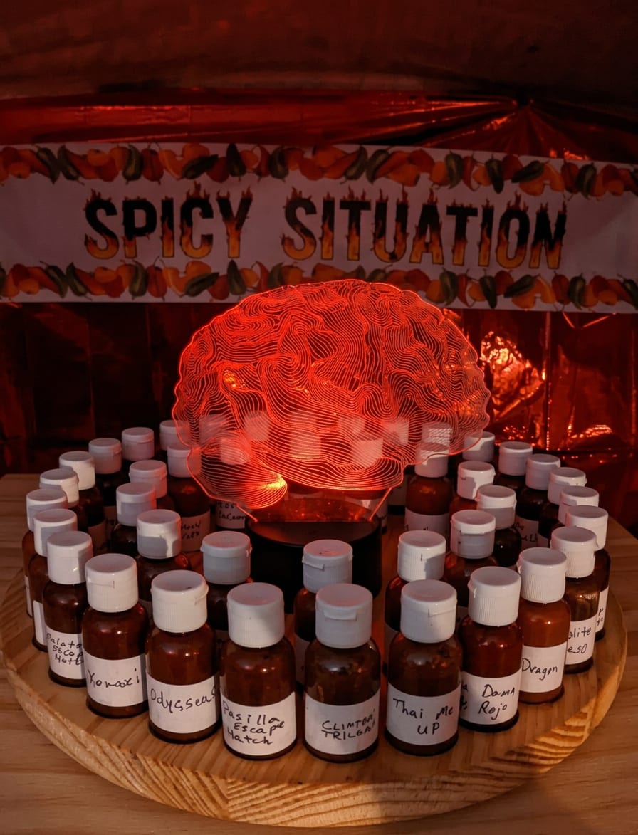 The tasting rig at an event: dozens of small hand-labeled sample bottles arranged in rings on a round wooden tasting wheel, circling the Bliss Point brain lamp glowing red at the center. Behind it, a Spicy Situation banner bordered with chili peppers hangs against a red foil backdrop.